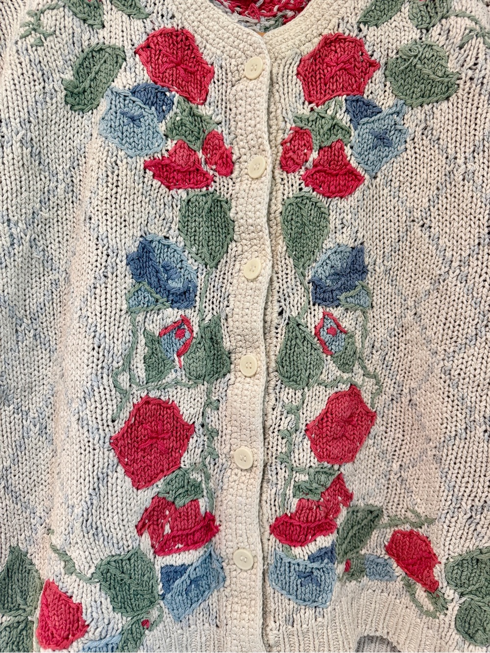 Vintage Orvis Silk Cotton Floral Embroidered Chunky Knit Short Sleeve Cardigan M - Picture 2 of 6